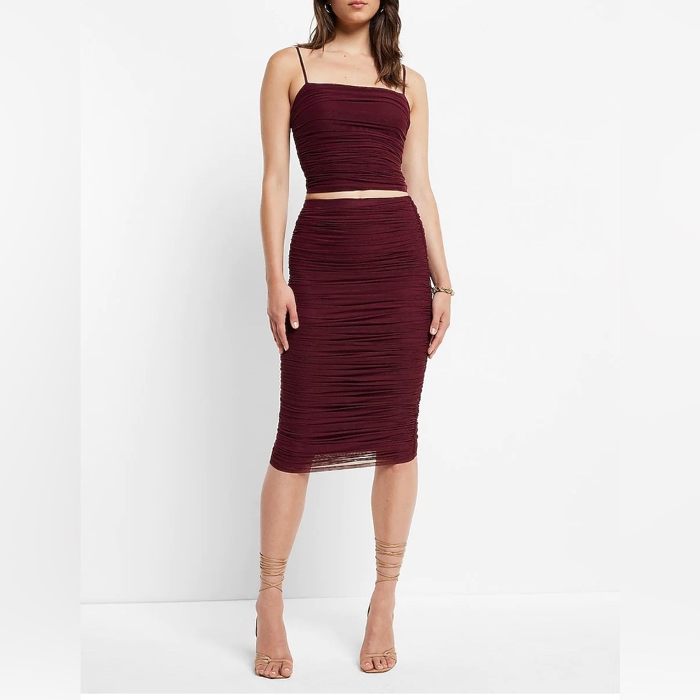 Body Contour Mesh Ruched Midi Skirt